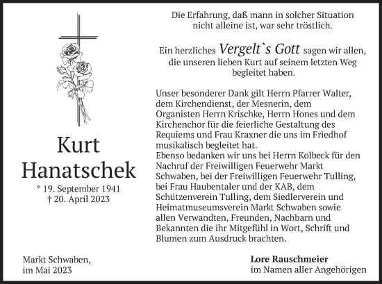 Traueranzeige von Kurt Hanatschek von merkurtz