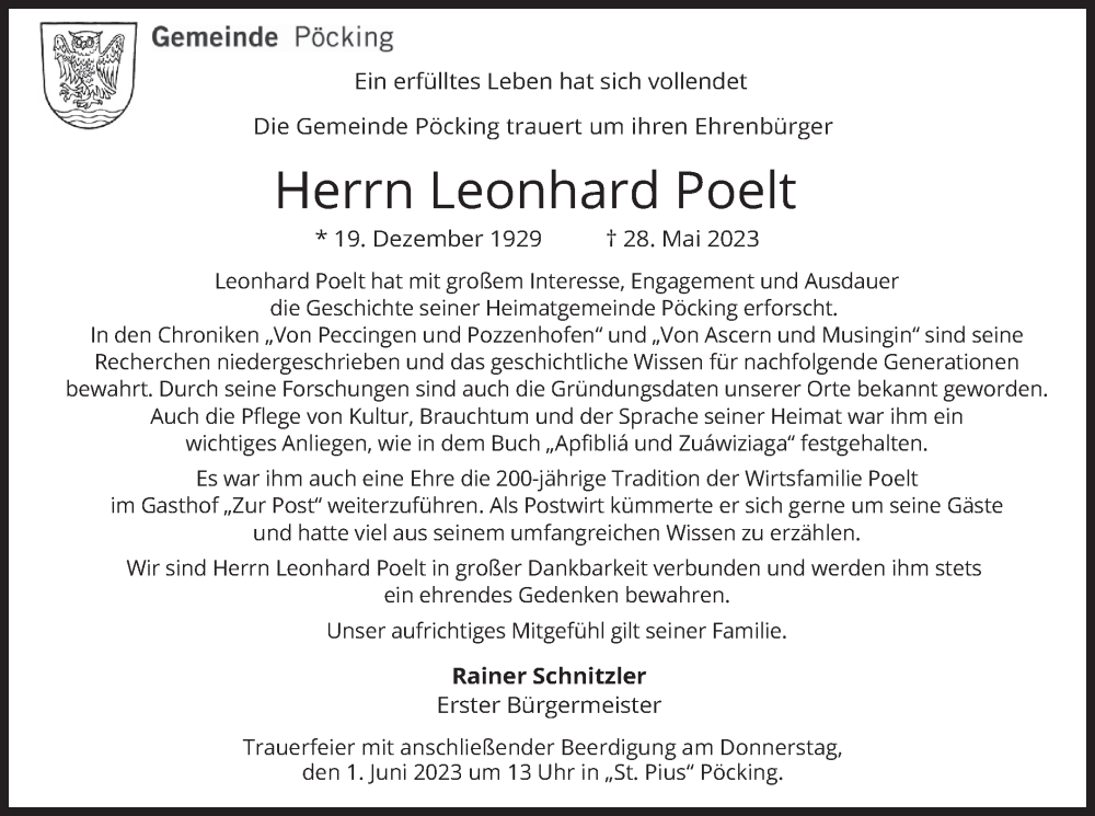  Traueranzeige für Leonhard Poelt vom 31.05.2023 aus merkurtz