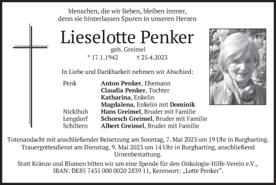 Traueranzeige von Lieselotte Penker von merkurtz
