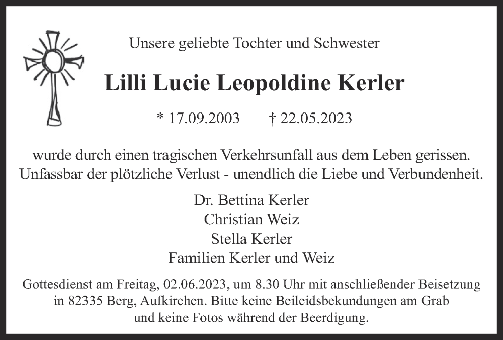  Traueranzeige für Lilli Lucie Leopoldine Kerler vom 31.05.2023 aus merkurtz
