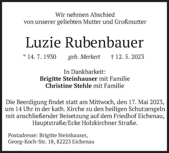 Traueranzeige von Luzie Rubenbauer von merkurtz