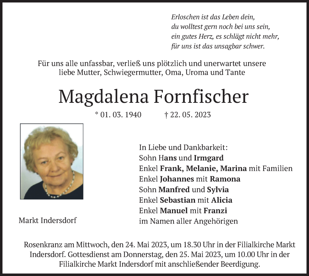  Traueranzeige für Magdalena Fornfischer vom 23.05.2023 aus merkurtz