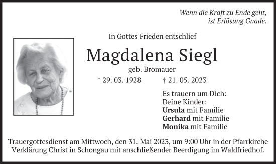 Traueranzeige von Magdalena Siegl von merkurtz