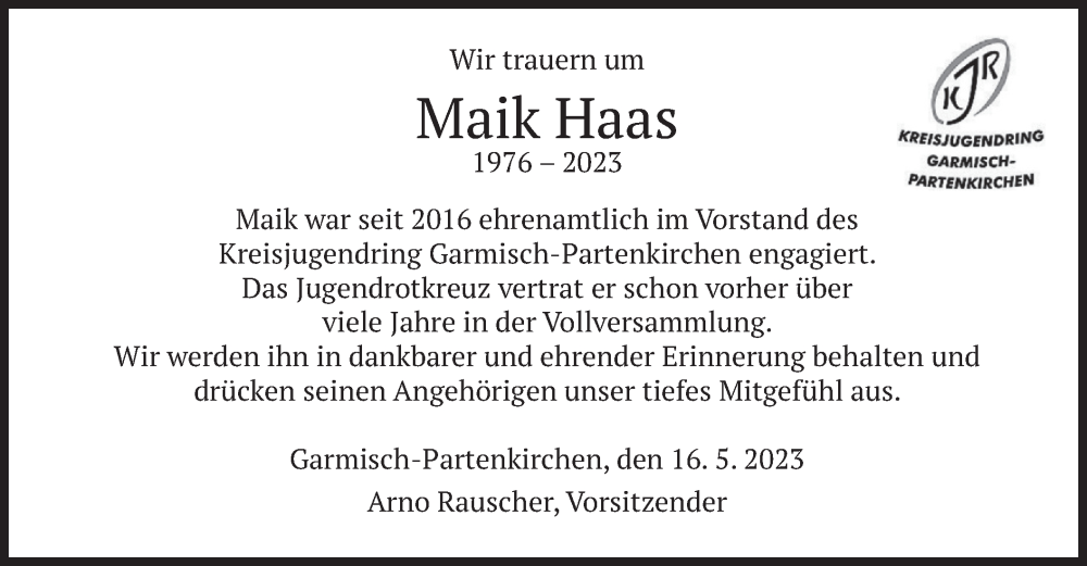  Traueranzeige für Maik Haas vom 20.05.2023 aus merkurtz