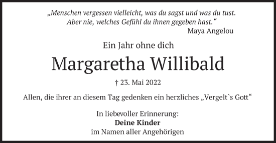 Traueranzeige von Margaretha Willibald von merkurtz