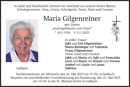 Traueranzeige von Maria Gilgenreiner von merkurtz