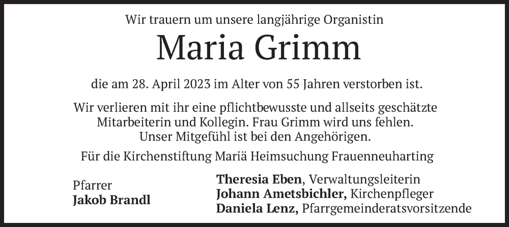  Traueranzeige für Maria Grimm vom 06.05.2023 aus merkurtz