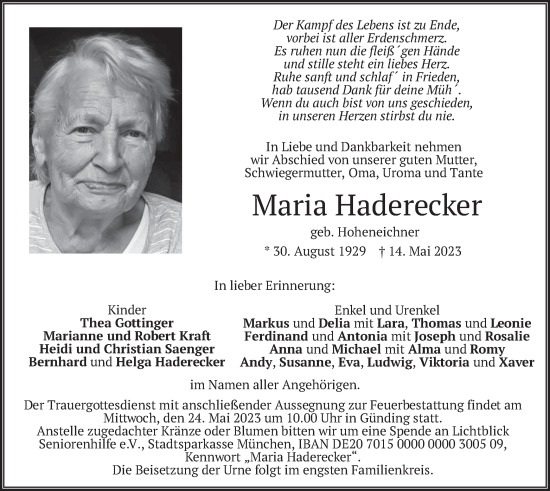 Traueranzeige von Maria Haderecker von merkurtz