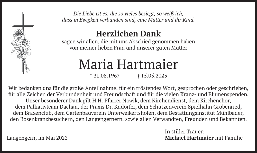  Traueranzeige für Maria Hartmaier vom 27.05.2023 aus merkurtz