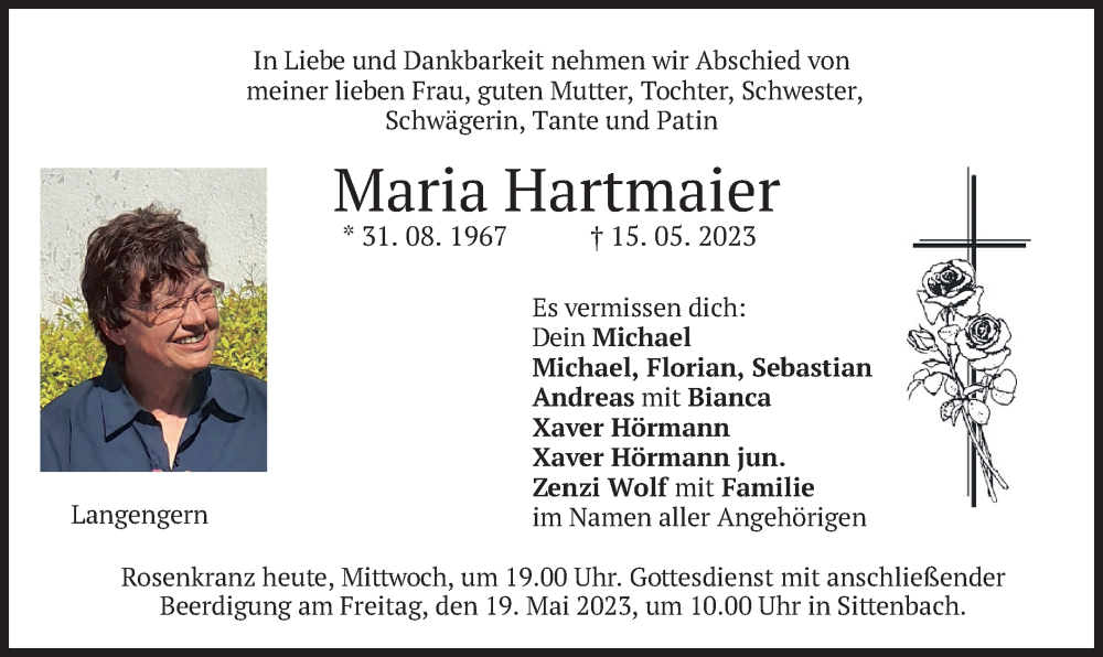  Traueranzeige für Maria Hartmaier vom 17.05.2023 aus merkurtz