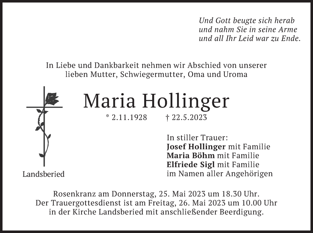  Traueranzeige für Maria Hollinger vom 24.05.2023 aus merkurtz