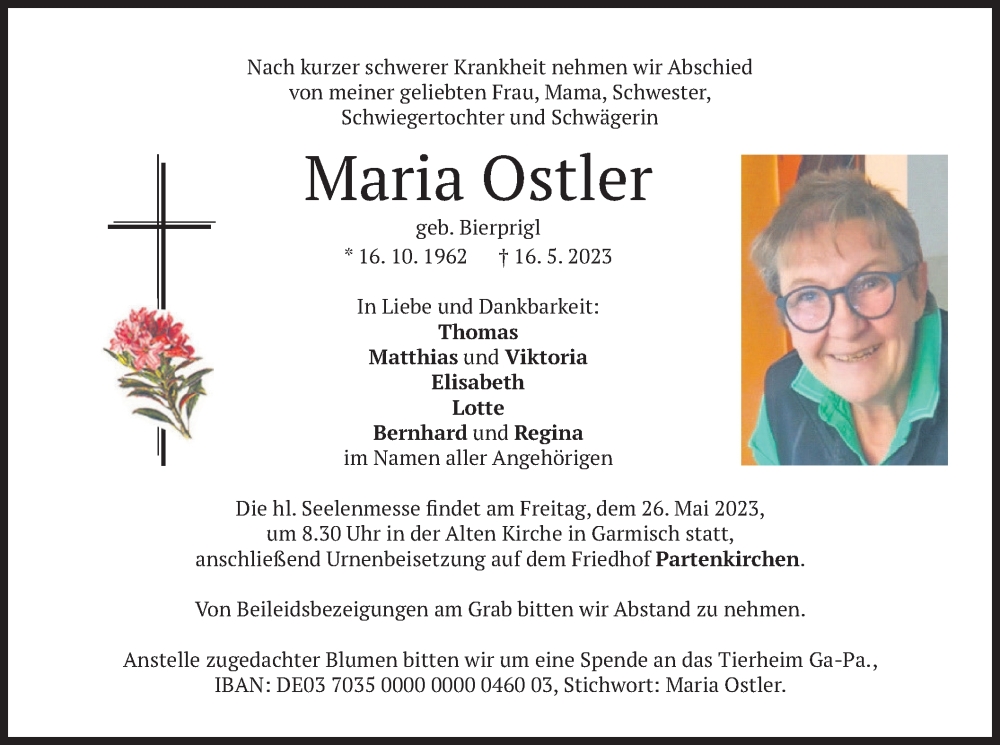  Traueranzeige für Maria Ostler vom 24.05.2023 aus merkurtz