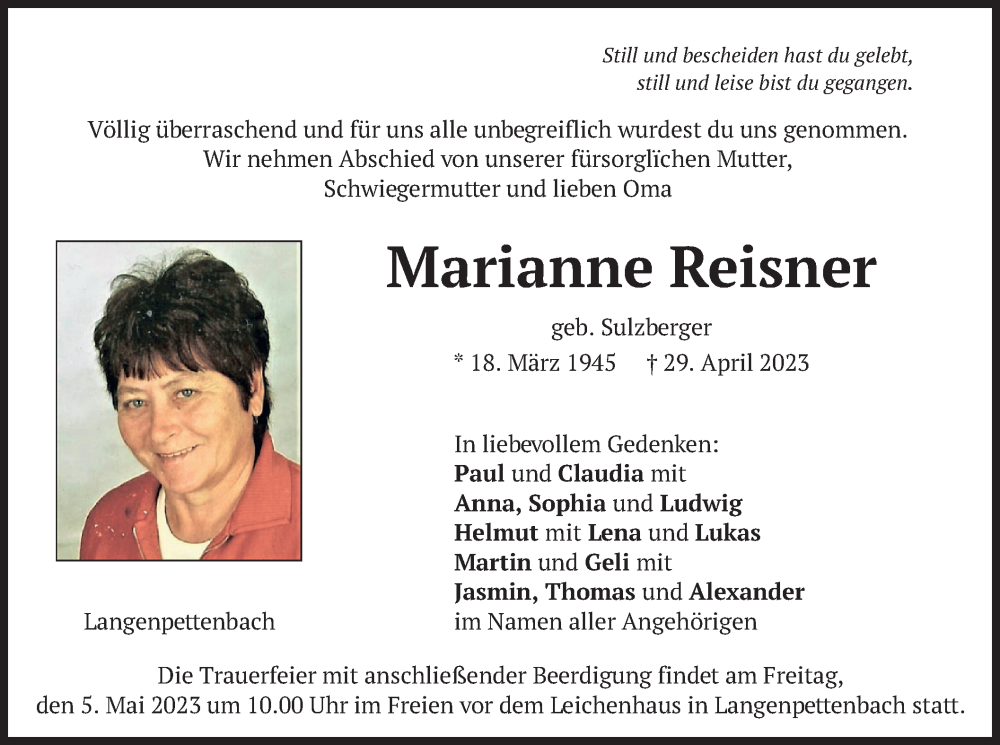  Traueranzeige für Marianne Reisner vom 04.05.2023 aus merkurtz