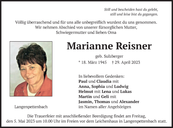 Traueranzeigen Von Marianne Reisner | Trauer.merkur.de