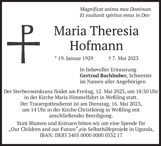 Traueranzeige von Maria Theresia Hofmann von merkurtz