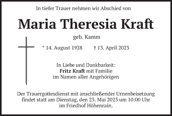Traueranzeige von Maria Theresia Kraft von merkurtz