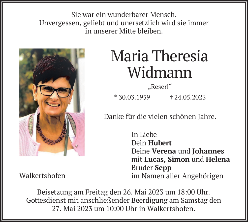  Traueranzeige für Maria Theresia Widmann vom 25.05.2023 aus merkurtz