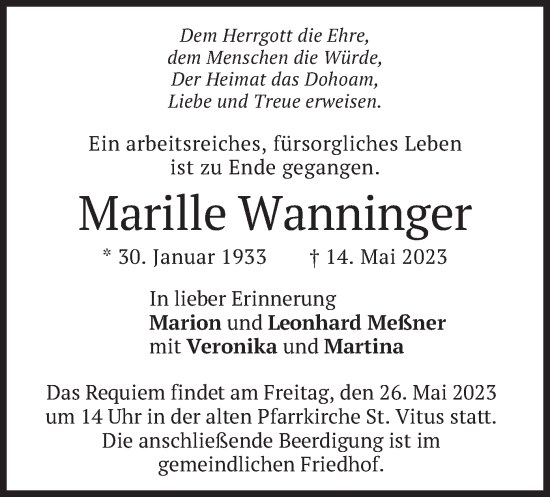 Traueranzeige von Marille Wanninger von merkurtz