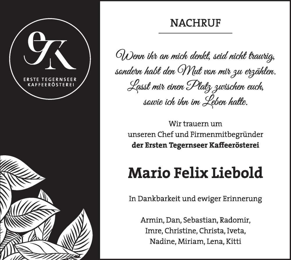  Traueranzeige für Mario Felix Liebold vom 06.05.2023 aus merkurtz