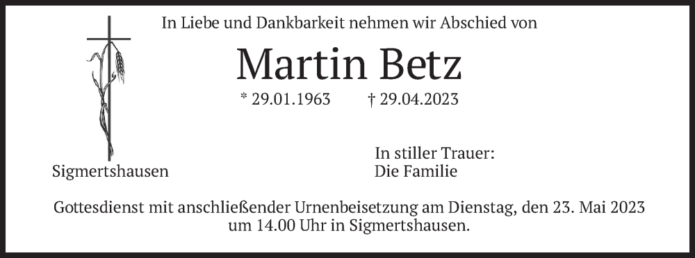 Traueranzeige für Martin Betz vom 17.05.2023 aus merkurtz