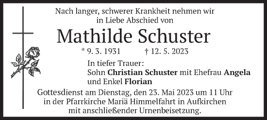 Traueranzeige von Mathilde Schuster von merkurtz