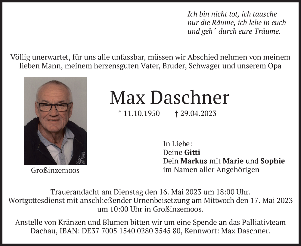  Traueranzeige für Max Daschner vom 13.05.2023 aus merkurtz