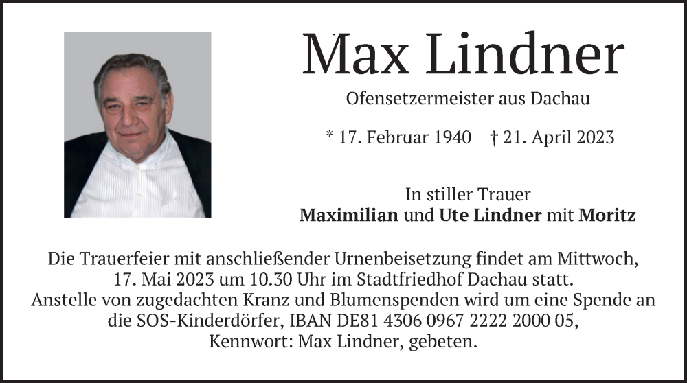  Traueranzeige für Max Lindner vom 13.05.2023 aus merkurtz