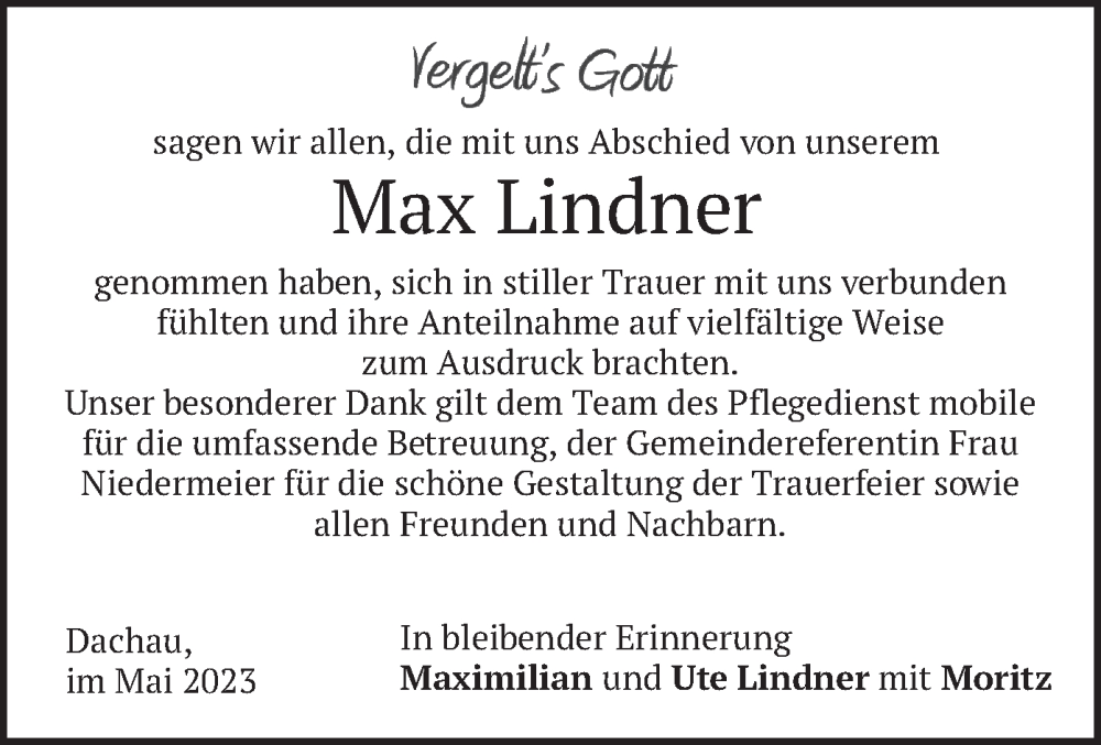 Traueranzeige für Max Lindner vom 27.05.2023 aus merkurtz