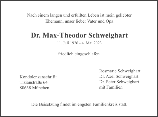 Traueranzeige von Max-Theodor Schweighart von merkurtz