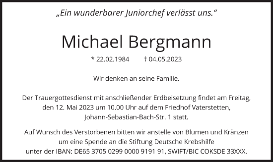 Traueranzeige von Michael Bergmann von merkurtz