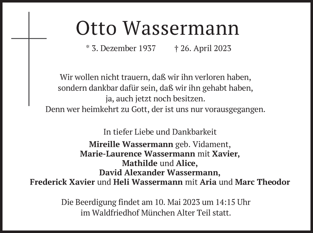  Traueranzeige für Otto Wassermann vom 06.05.2023 aus merkurtz