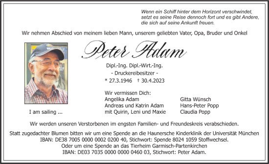 Traueranzeige von Peter Adam von merkurtz