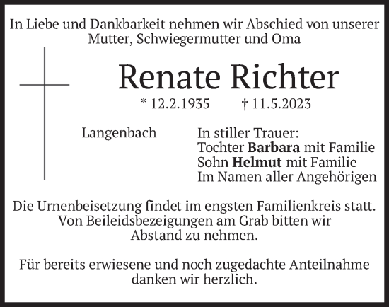 Traueranzeige von Renate Richter von merkurtz