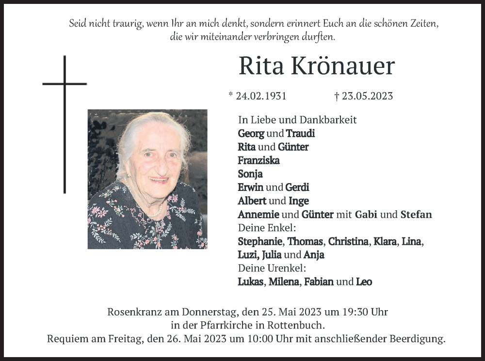  Traueranzeige für Rita Krönauer vom 25.05.2023 aus merkurtz