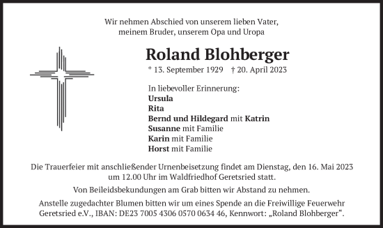Traueranzeige von Roland Blohberger von merkurtz