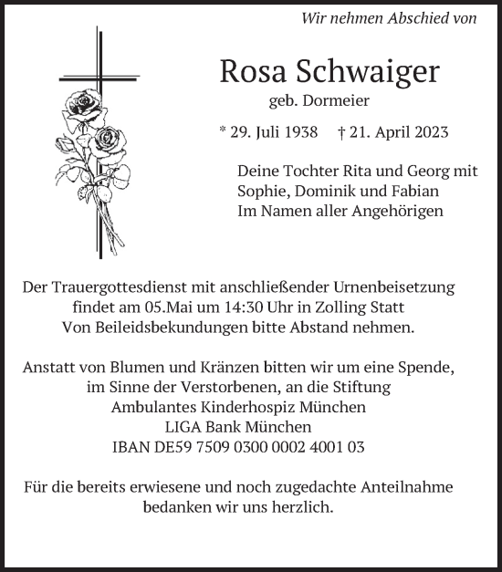 Traueranzeige von Rosa Schwaiger von merkurtz