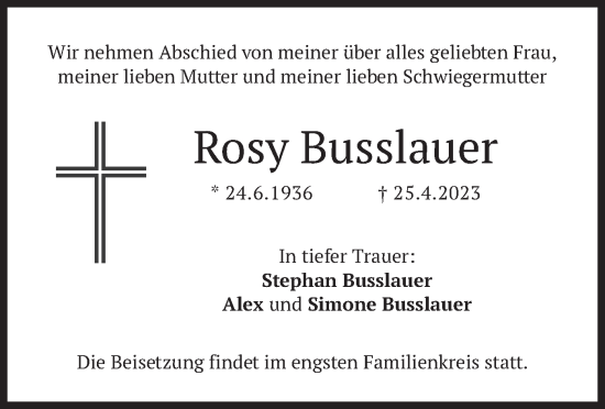 Traueranzeige von Rosy Busslauer von merkurtz