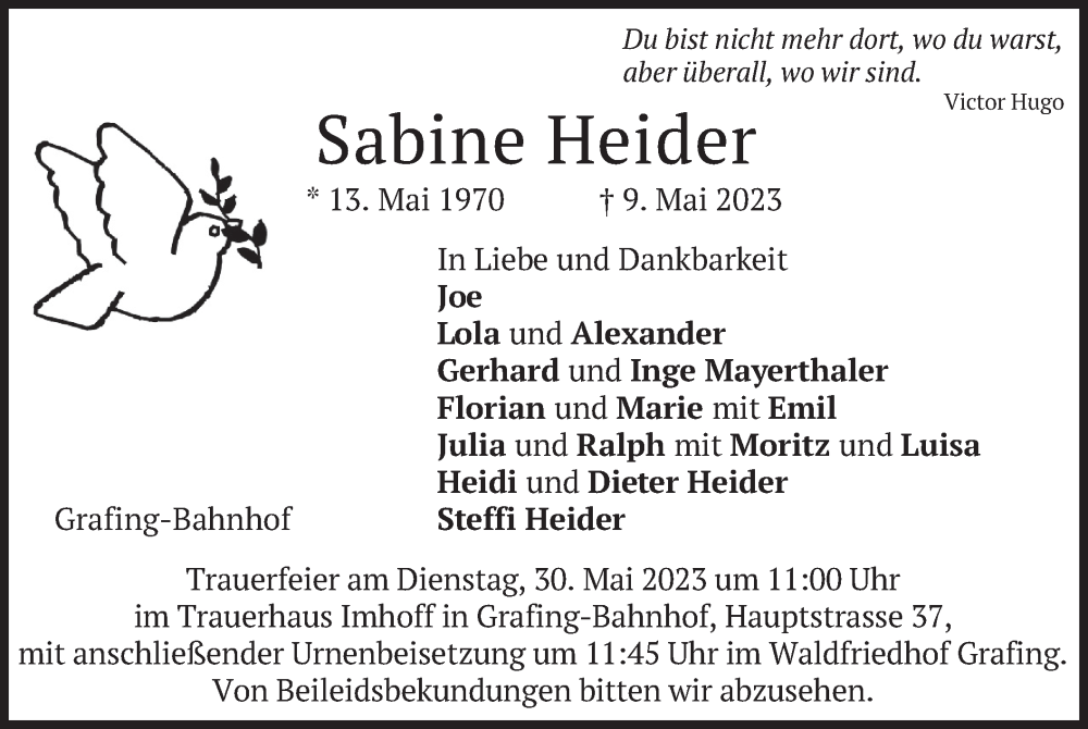  Traueranzeige für Sabine Heider vom 20.05.2023 aus merkurtz