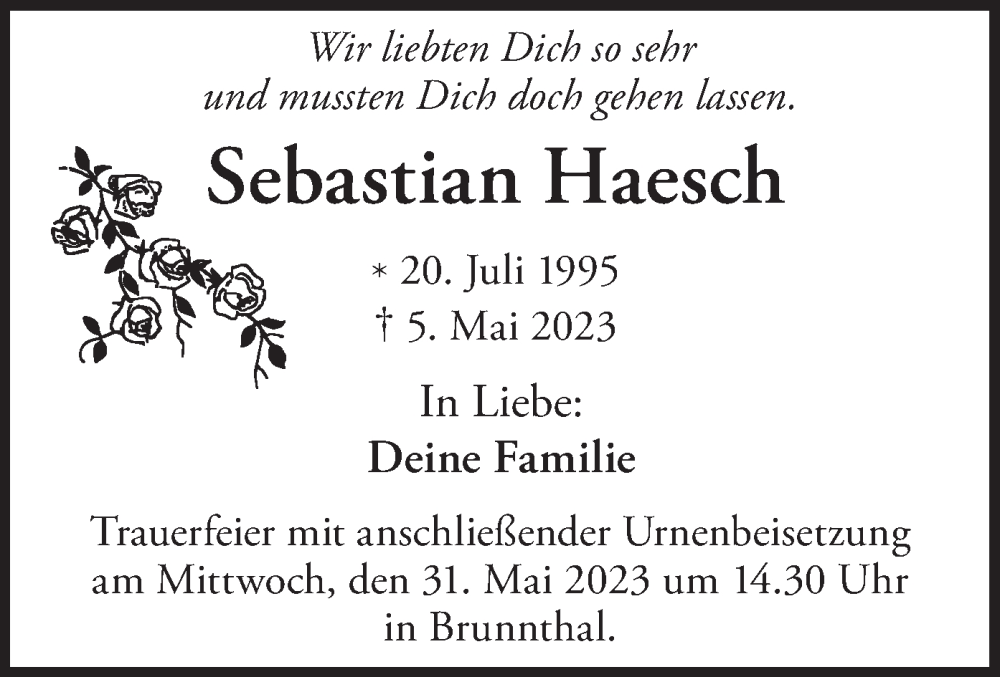  Traueranzeige für Sebastian Haesch vom 13.05.2023 aus merkurtz