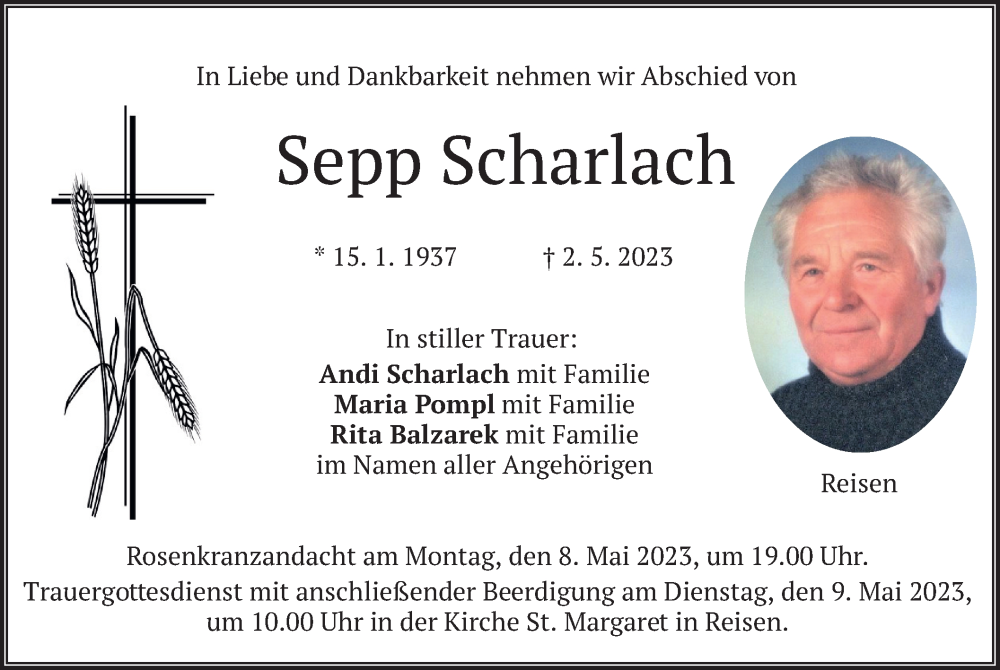  Traueranzeige für Sepp Scharlach vom 06.05.2023 aus merkurtz