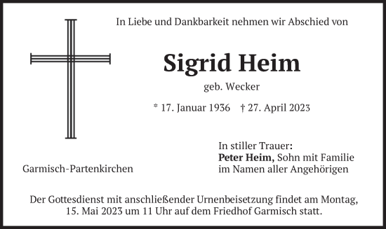 Traueranzeige von Sigrid Heim von merkurtz