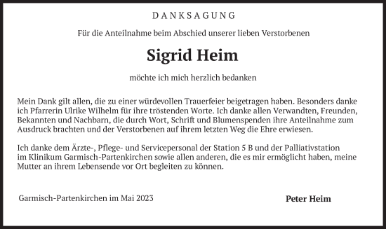 Traueranzeige von Sigrid Heim von merkurtz