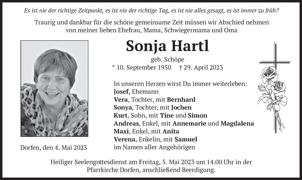  Traueranzeige für Sonja Hartl vom 04.05.2023 aus merkurtz