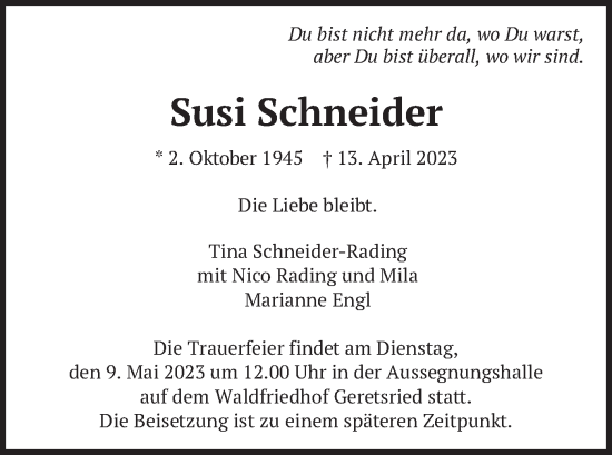 Traueranzeige von Susi Schneider von merkurtz