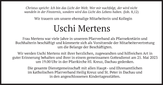 Traueranzeige von Uschi Mertens von merkurtz