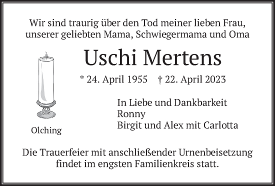 Traueranzeige von Uschi Mertens von merkurtz