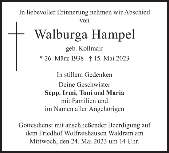 Traueranzeige von Walburga Hampel von merkurtz