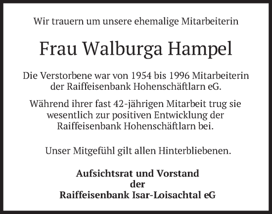 Traueranzeige von Walburga Hampel von merkurtz