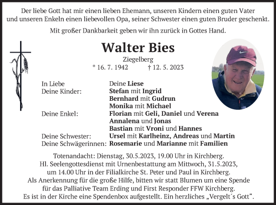 Traueranzeige von Walter Bies von merkurtz