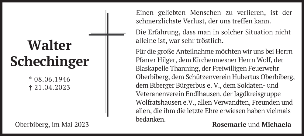  Traueranzeige für Walter Schechinger vom 08.05.2023 aus merkurtz
